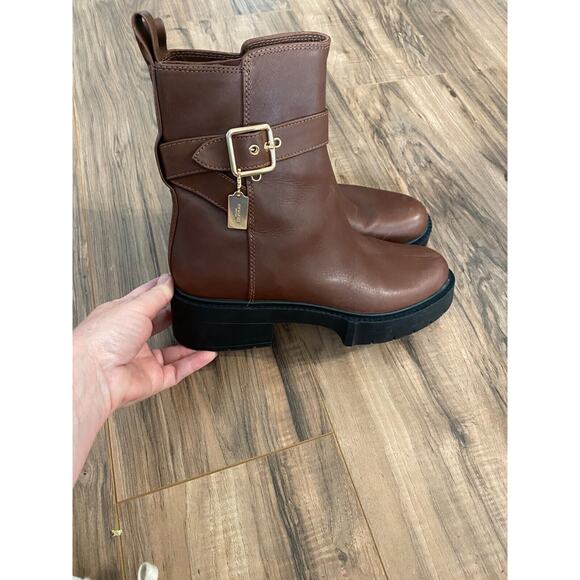 Coach NY Boots Women's 9 B Brown Leather Lacey Ankle Strap Buckle Bootie S22 - Picture 2 of 8